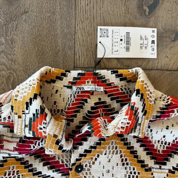 Zara Men's Geometric Crochet Shirt Multicolor L Large NWT *SOLD OUT - Picture 2 of 3